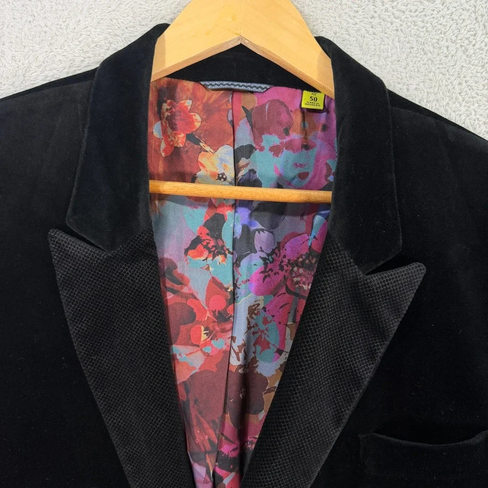 Robert Graham Mens 50L Classic Fit Black Velvet Blazer Peak Lapel Floral Lining